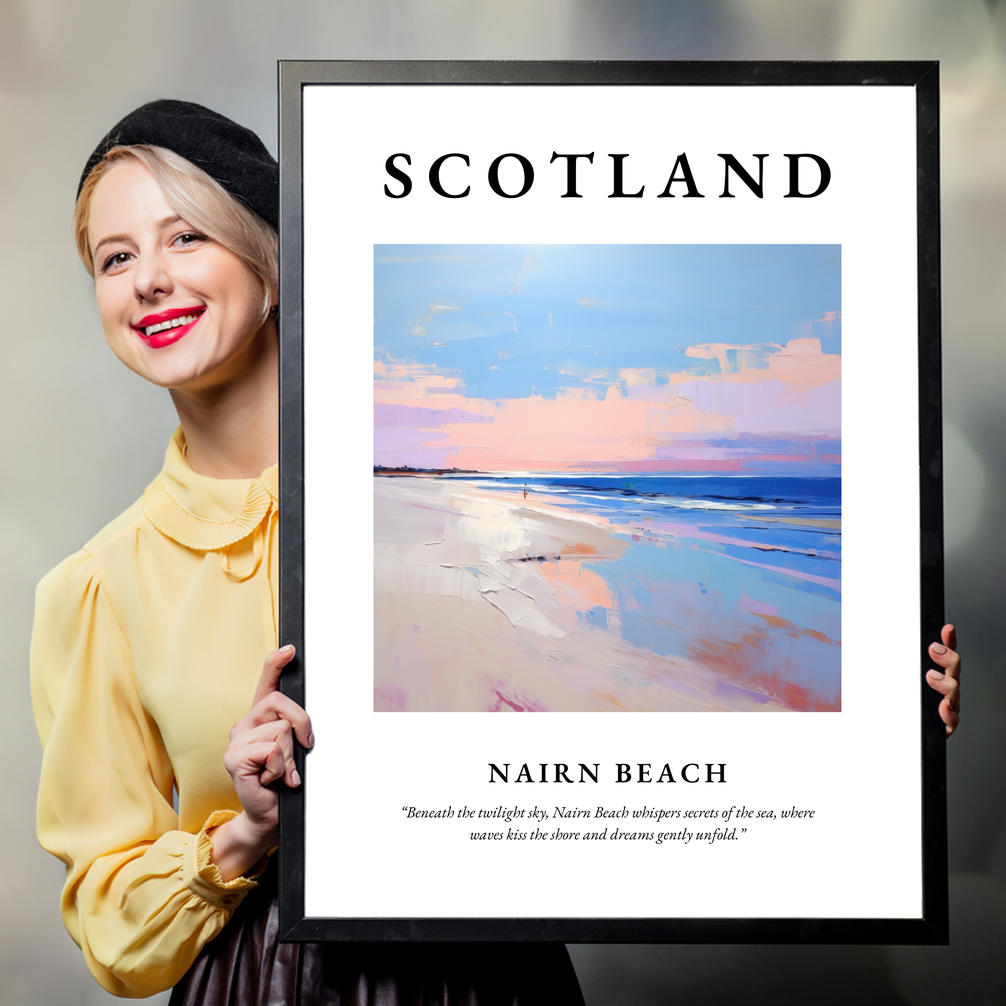 Person holding a poster of Nairn Beach