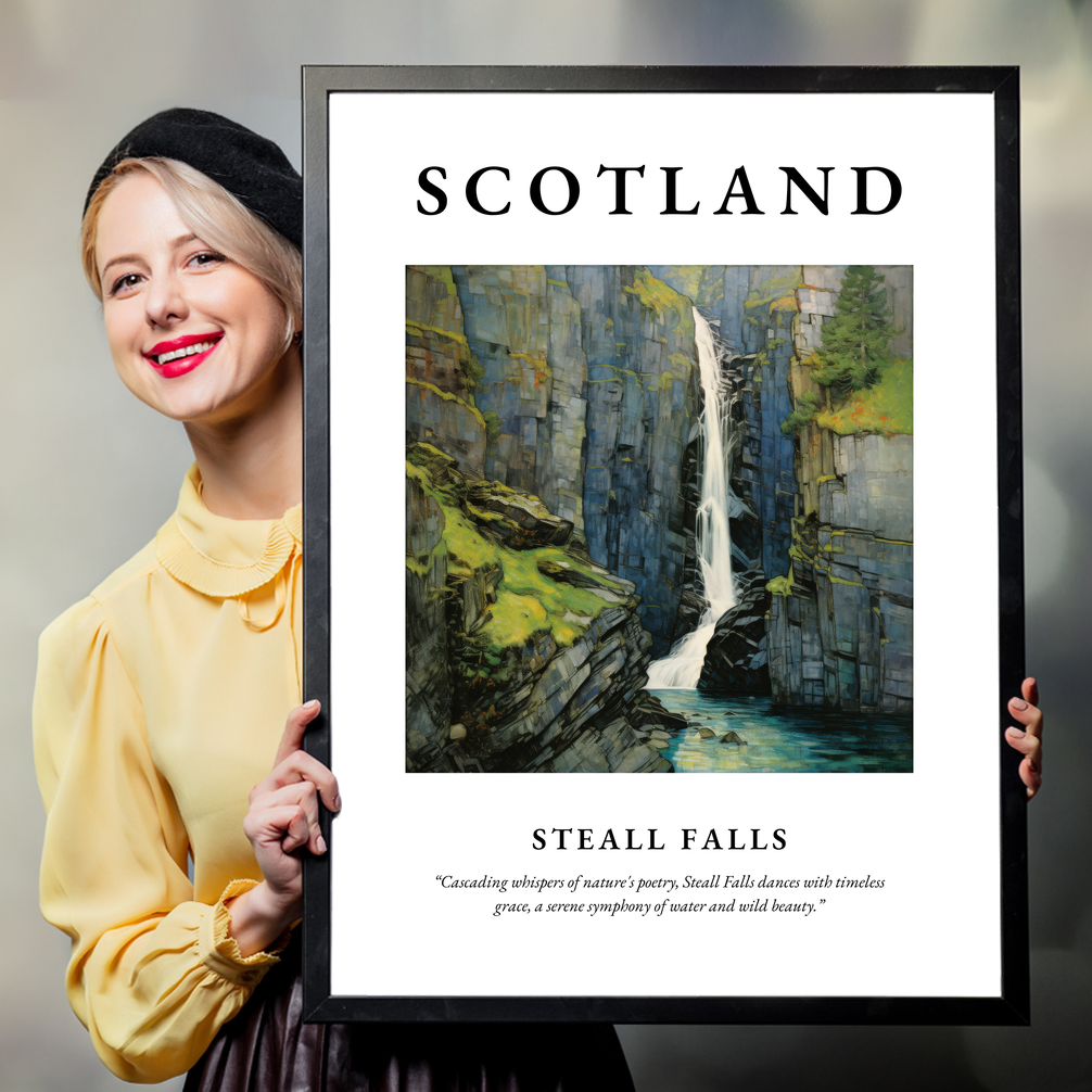 Person holding a poster of Steall Falls