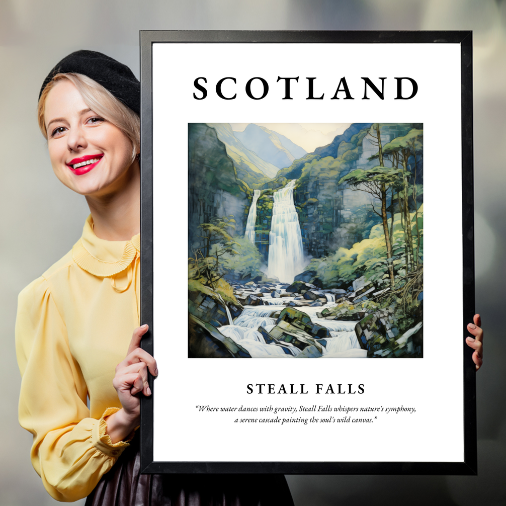 Person holding a poster of Steall Falls