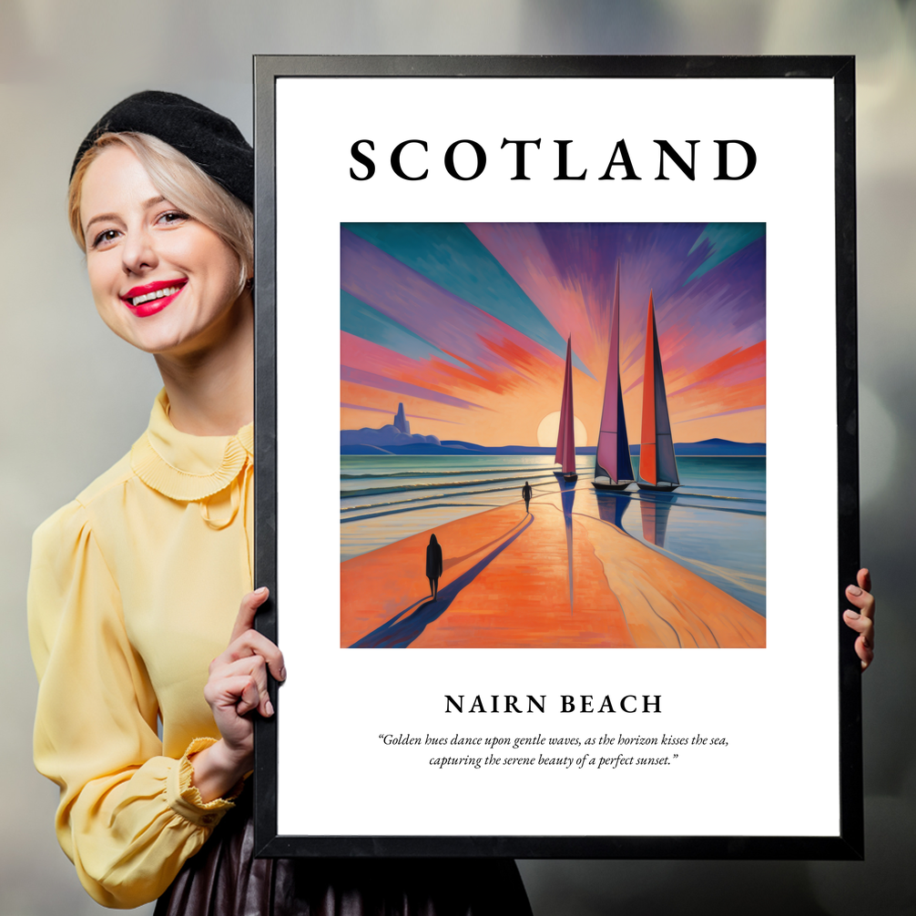 Person holding a poster of Nairn Beach