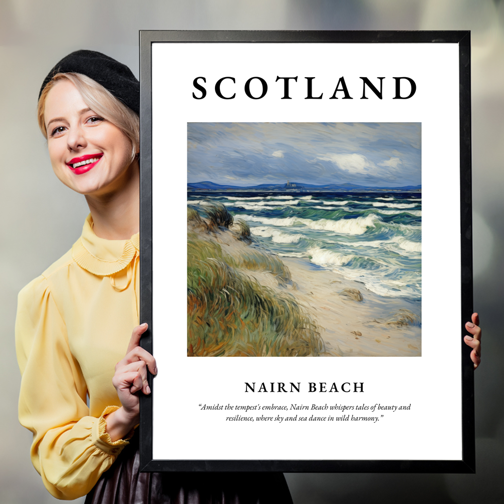 Person holding a poster of Nairn Beach