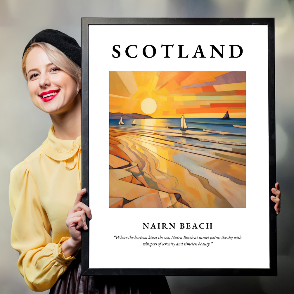 Person holding a poster of Nairn Beach