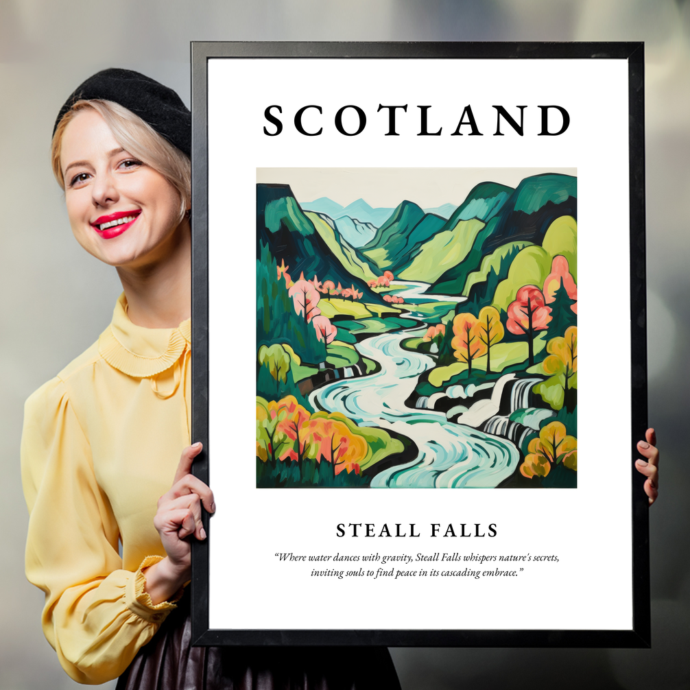 Person holding a poster of Steall Falls