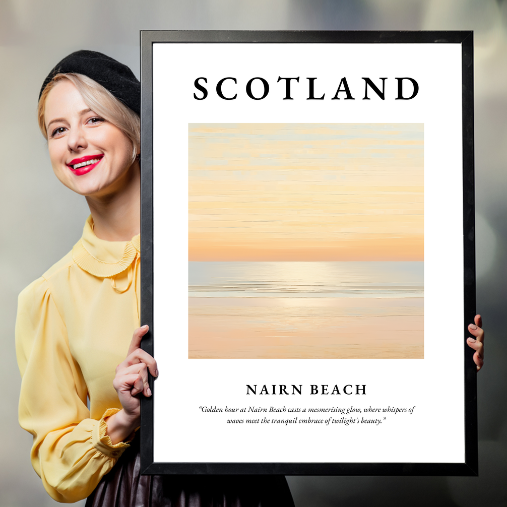 Person holding a poster of Nairn Beach