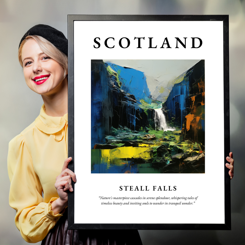 Person holding a poster of Steall Falls