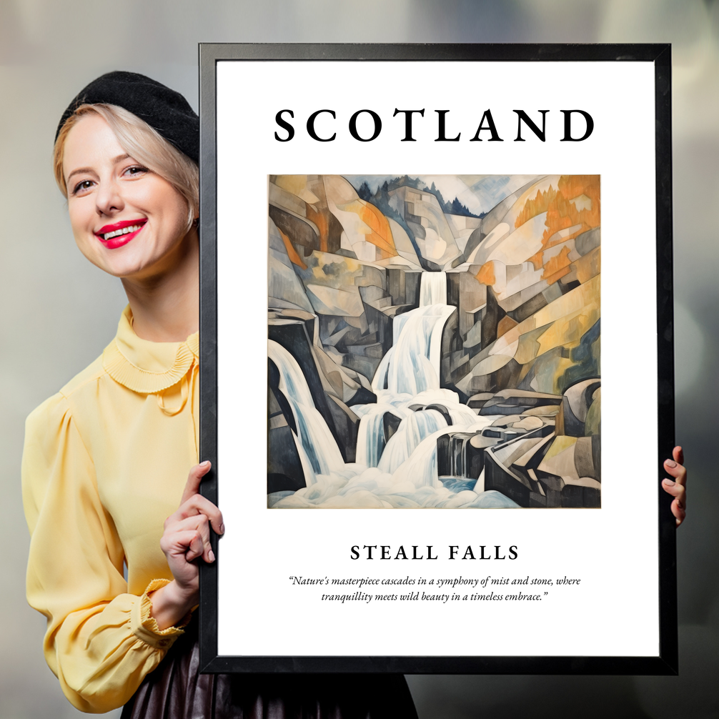 Person holding a poster of Steall Falls