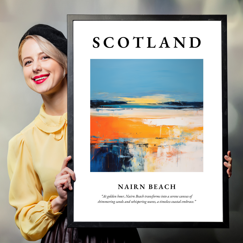 Person holding a poster of Nairn Beach