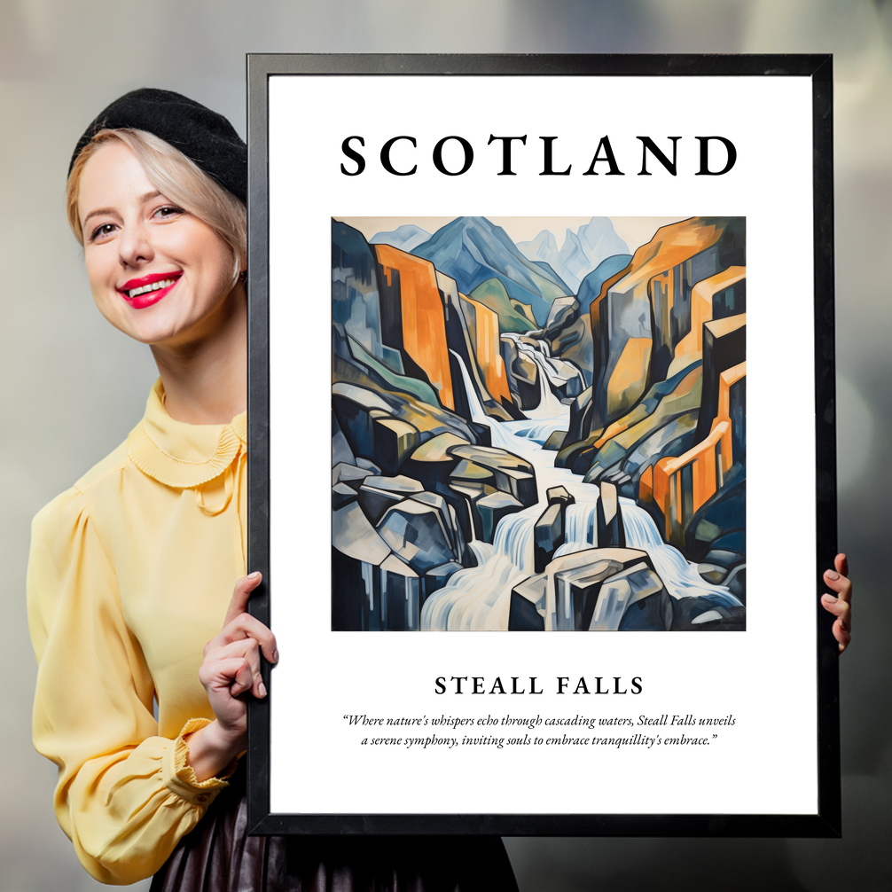 Person holding a poster of Steall Falls