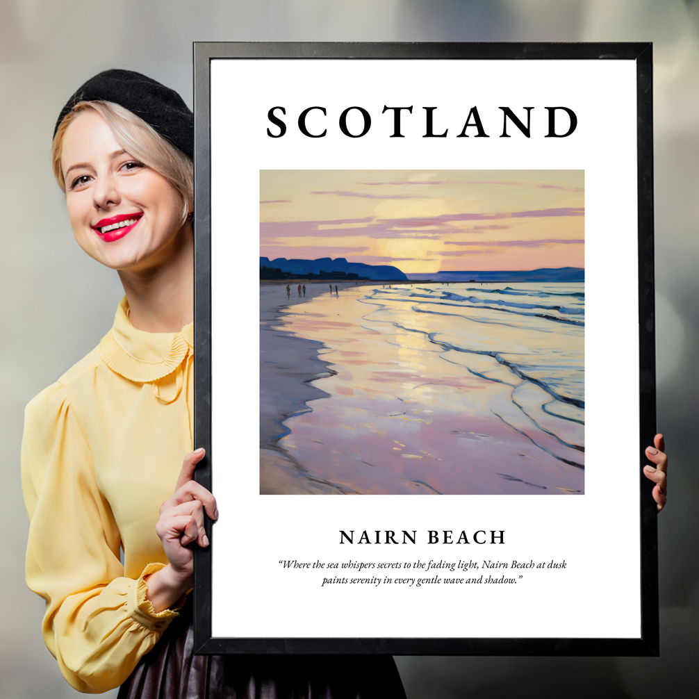 Person holding a poster of Nairn Beach