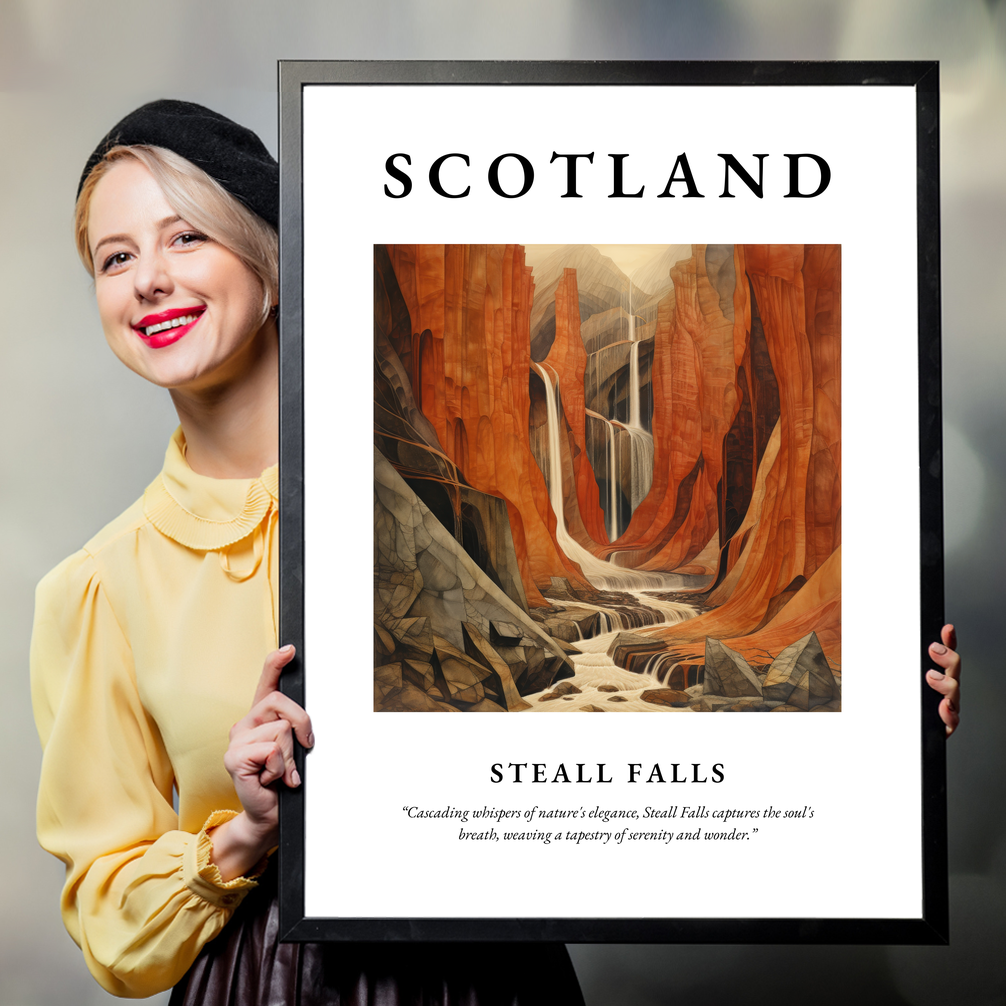 Person holding a poster of Steall Falls