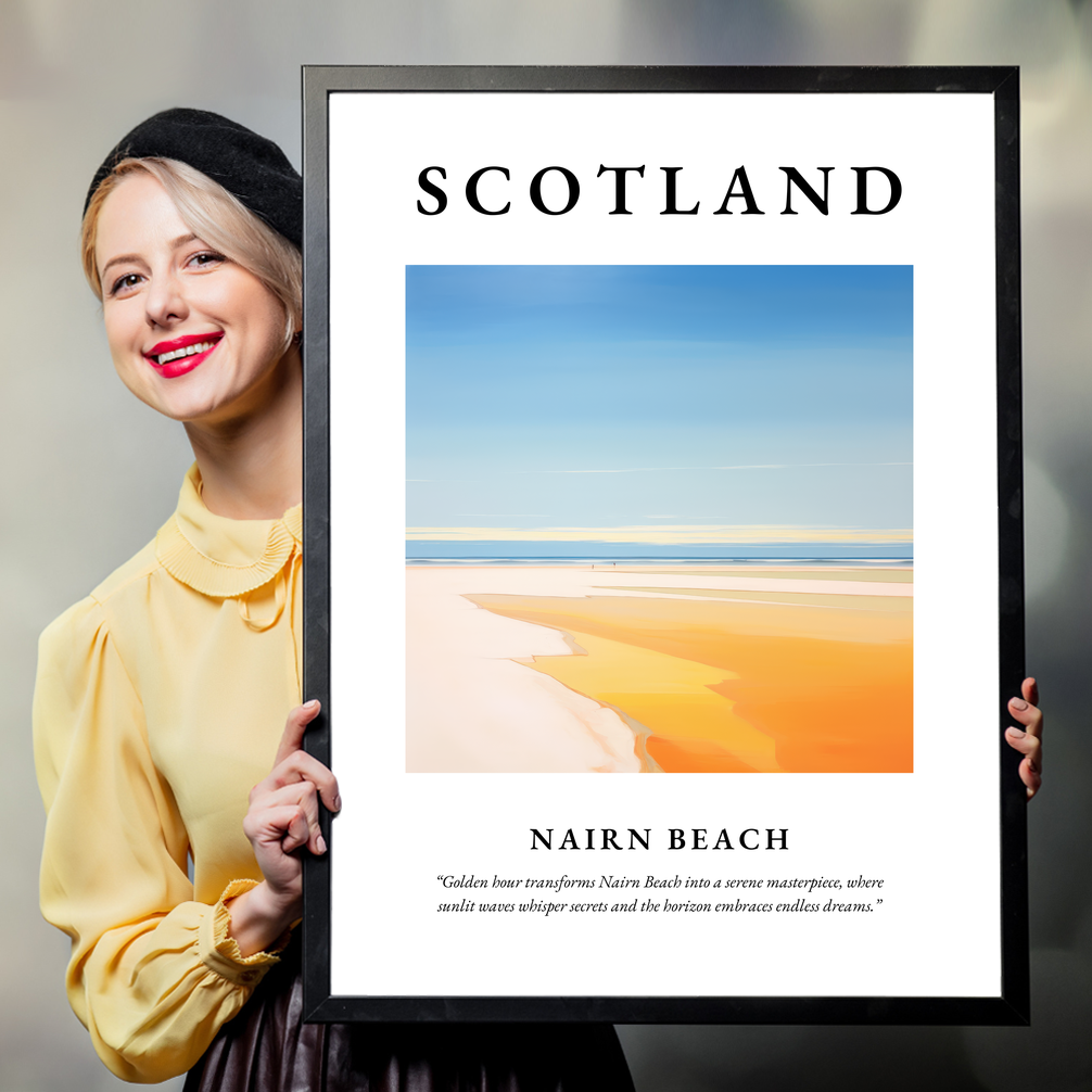 Person holding a poster of Nairn Beach