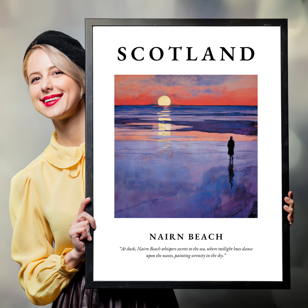 Person holding a poster of Nairn Beach