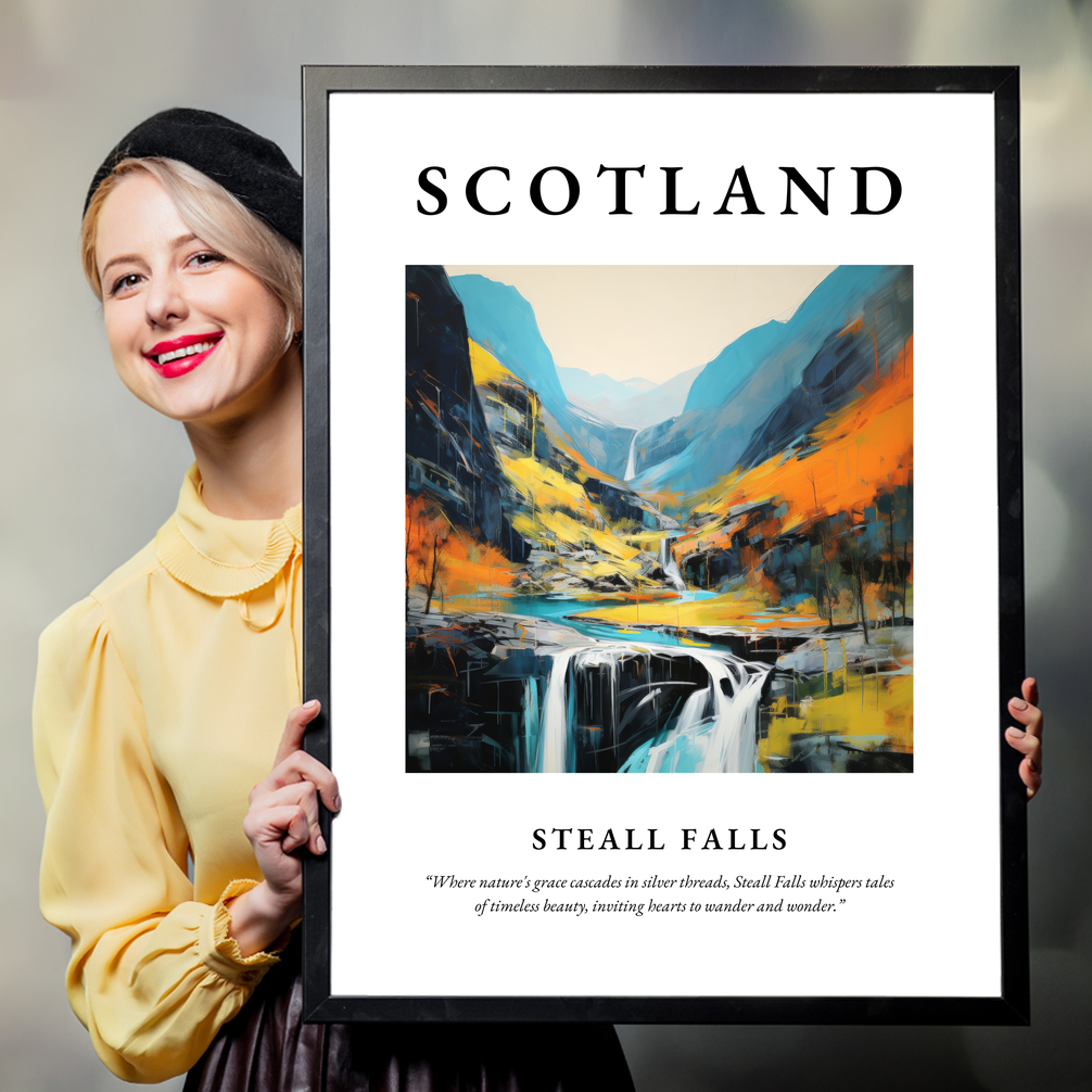 Person holding a poster of Steall Falls