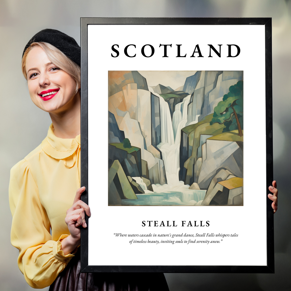 Person holding a poster of Steall Falls