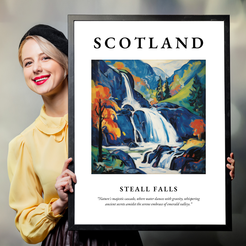 Person holding a poster of Steall Falls