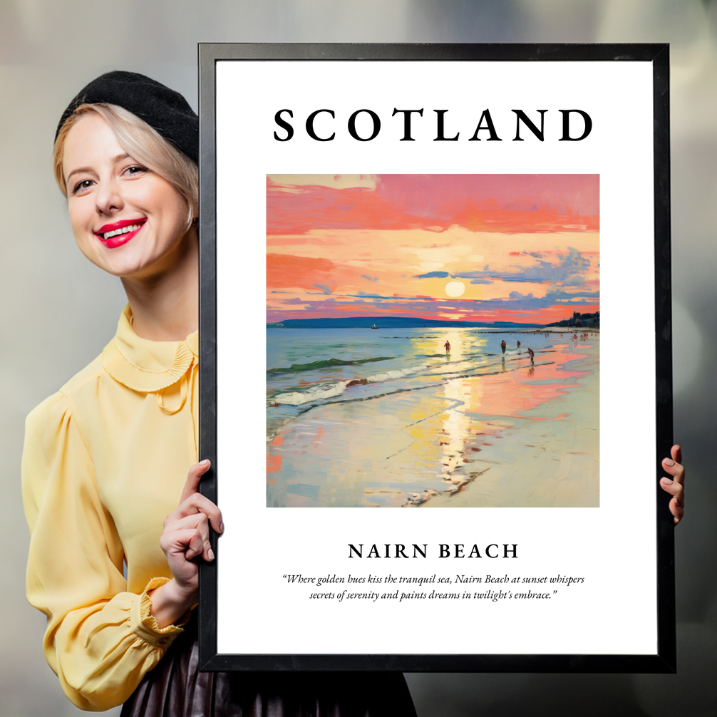 Person holding a poster of Nairn Beach