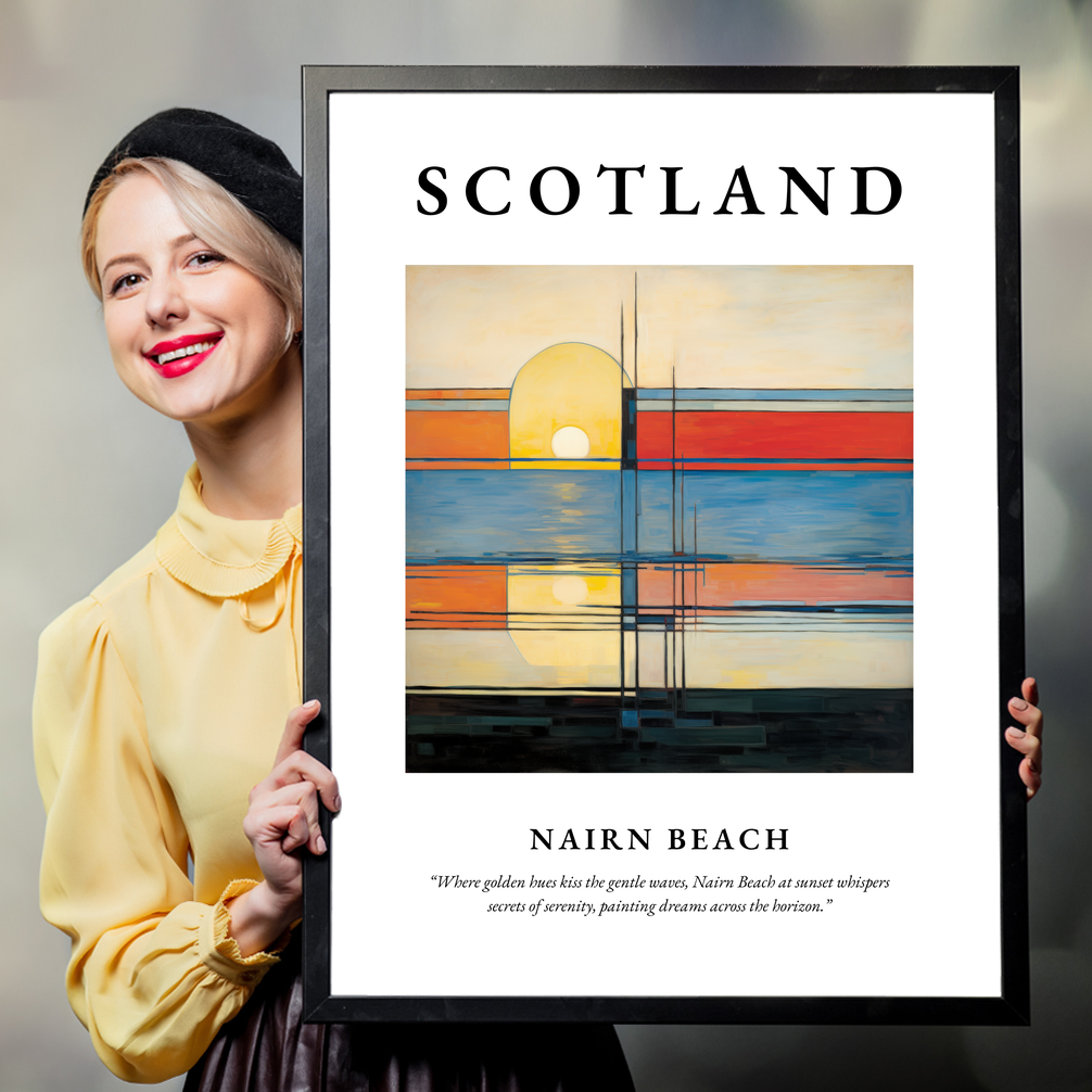 Person holding a poster of Nairn Beach