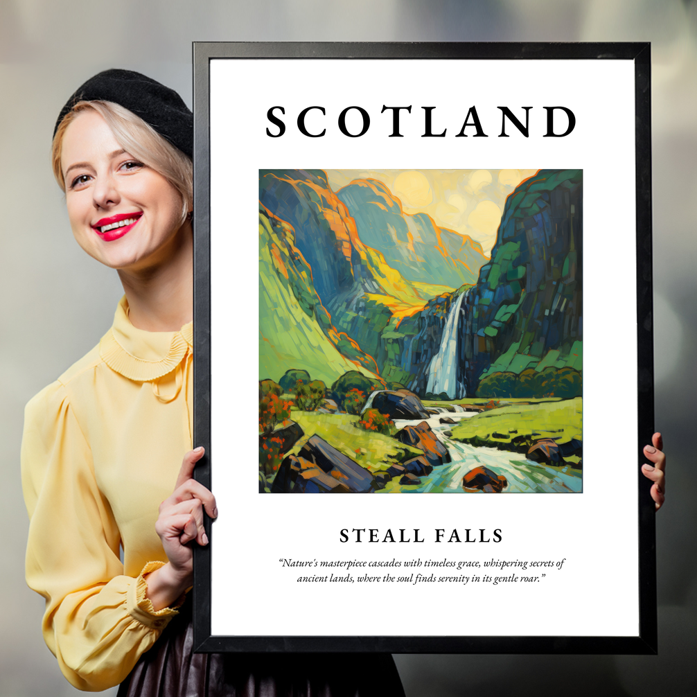 Person holding a poster of Steall Falls