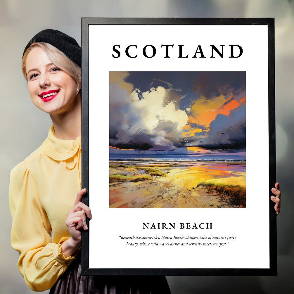 Person holding a poster of Nairn Beach