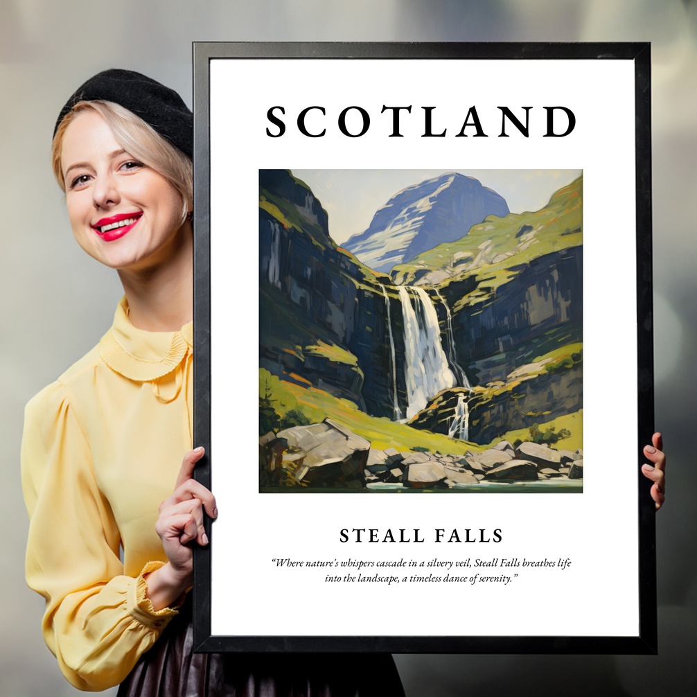 Person holding a poster of Steall Falls