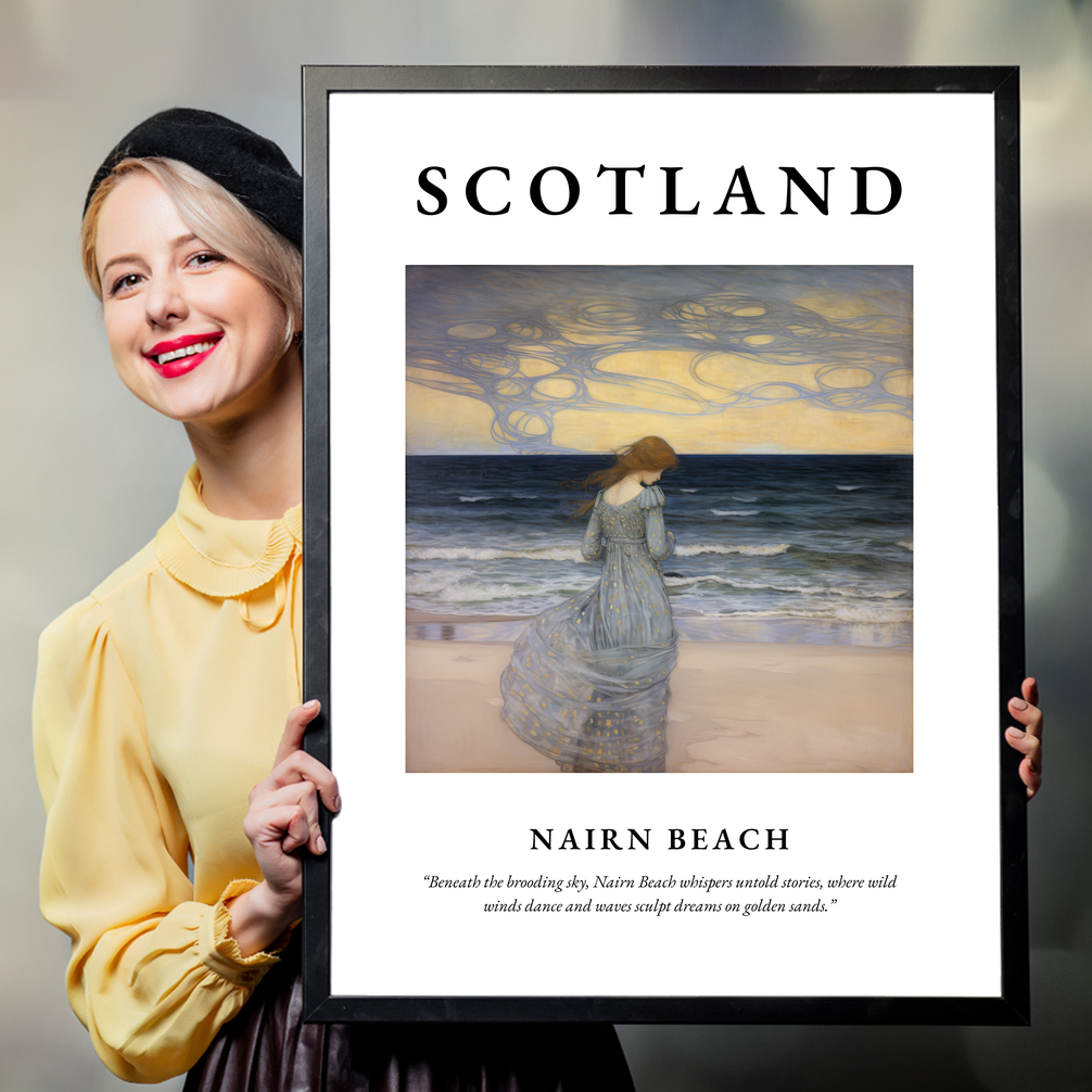 Person holding a poster of Nairn Beach