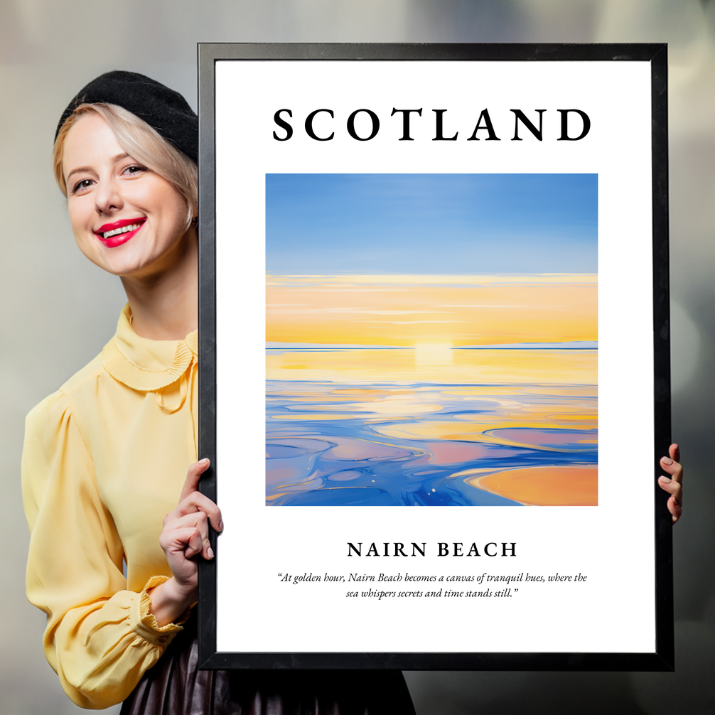 Person holding a poster of Nairn Beach