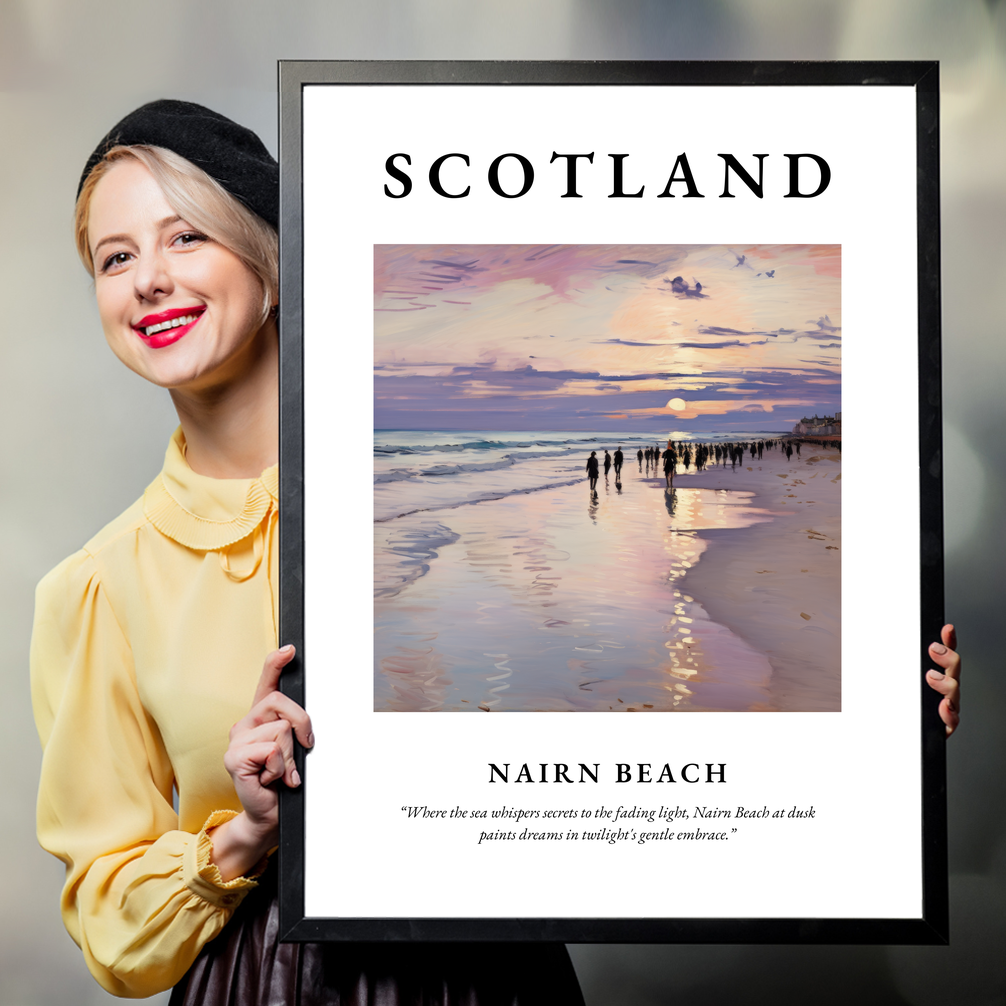 Person holding a poster of Nairn Beach