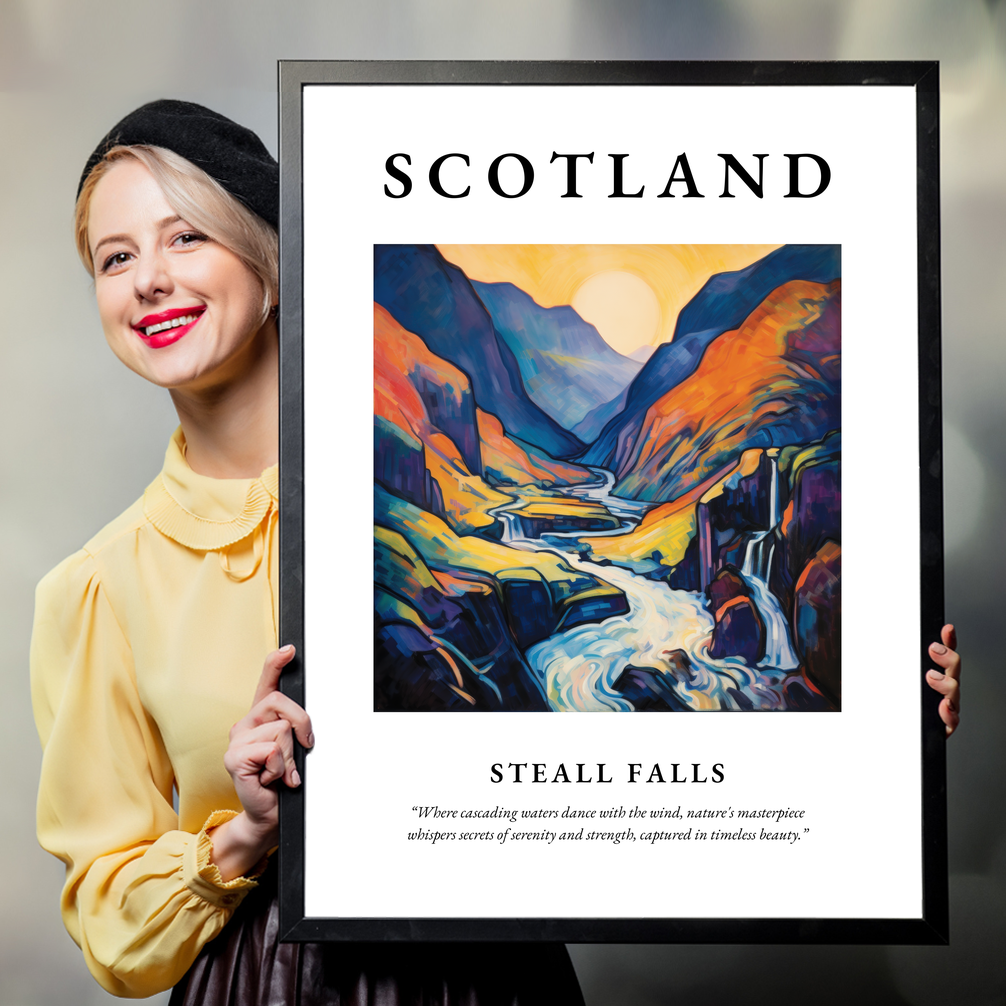 Person holding a poster of Steall Falls