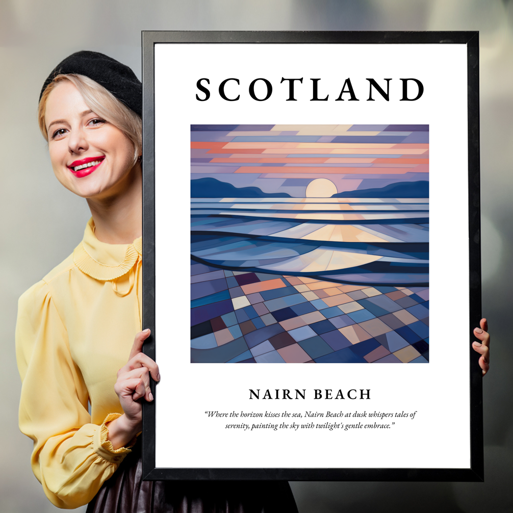 Person holding a poster of Nairn Beach