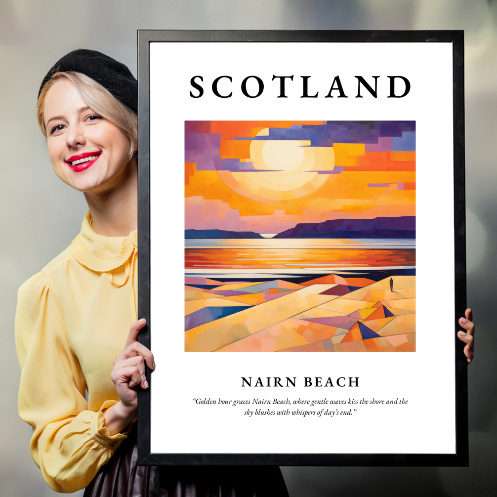 Person holding a poster of Nairn Beach