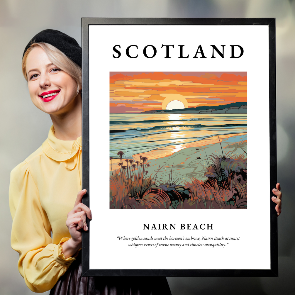 Person holding a poster of Nairn Beach