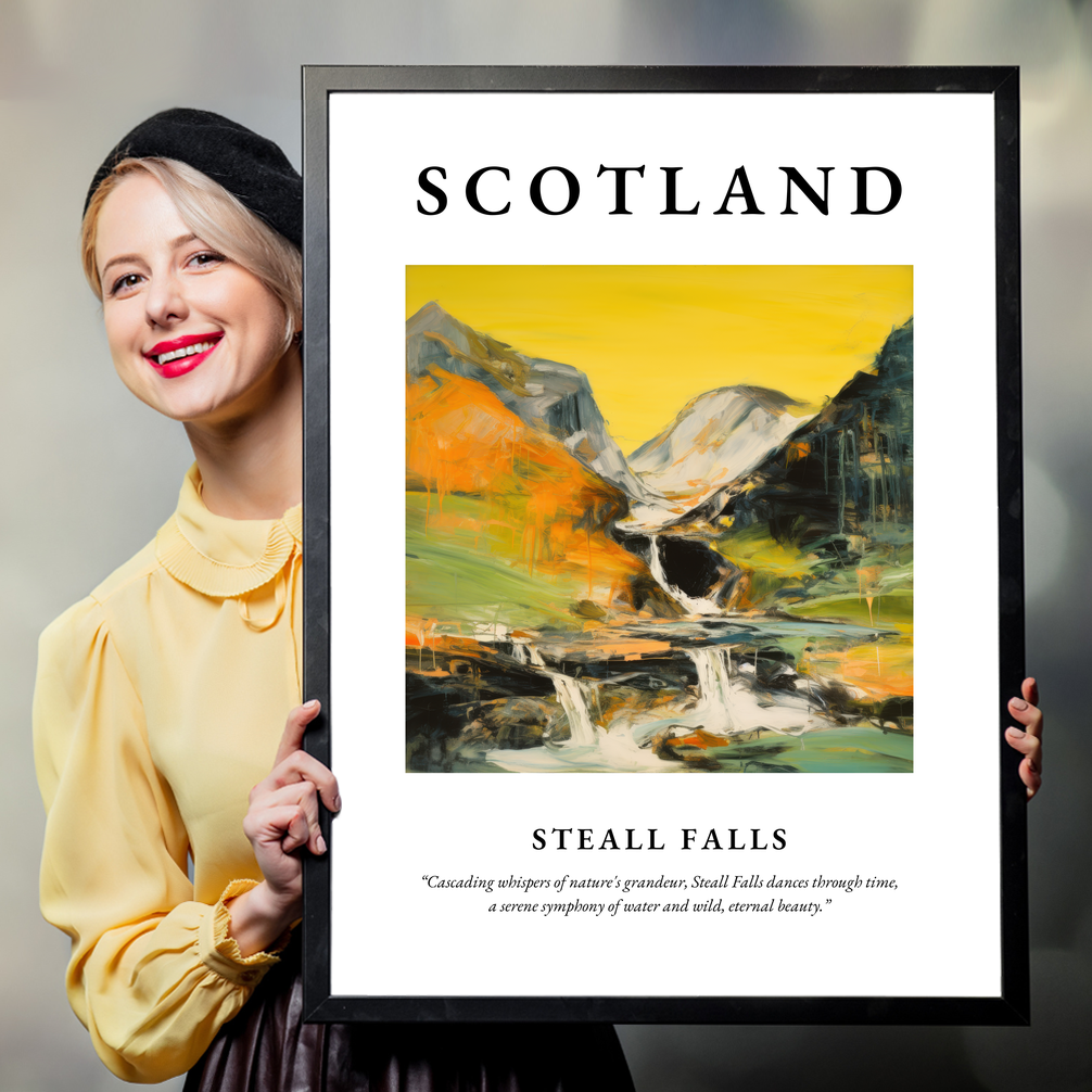 Person holding a poster of Steall Falls