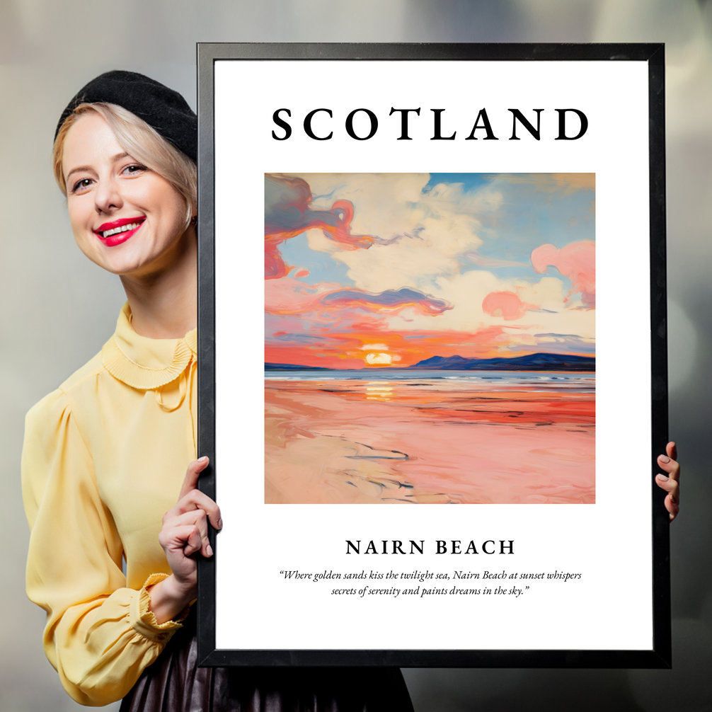 Person holding a poster of Nairn Beach