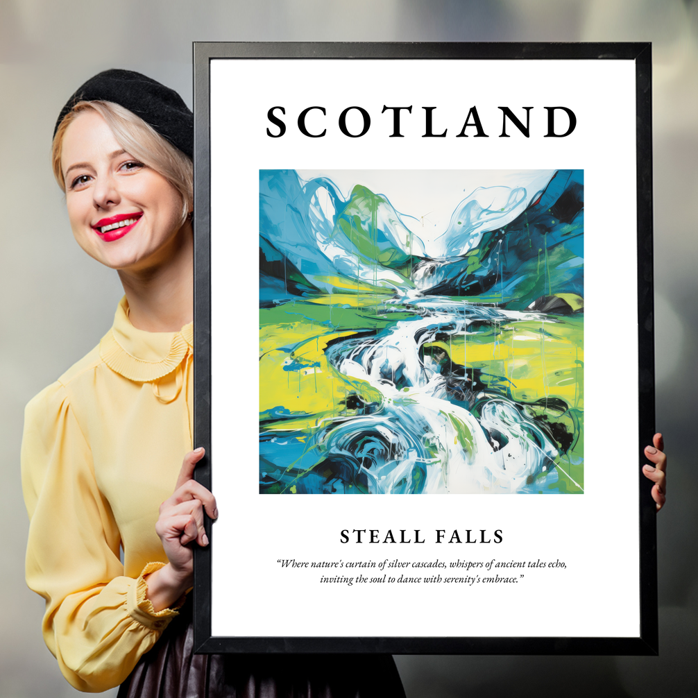 Person holding a poster of Steall Falls