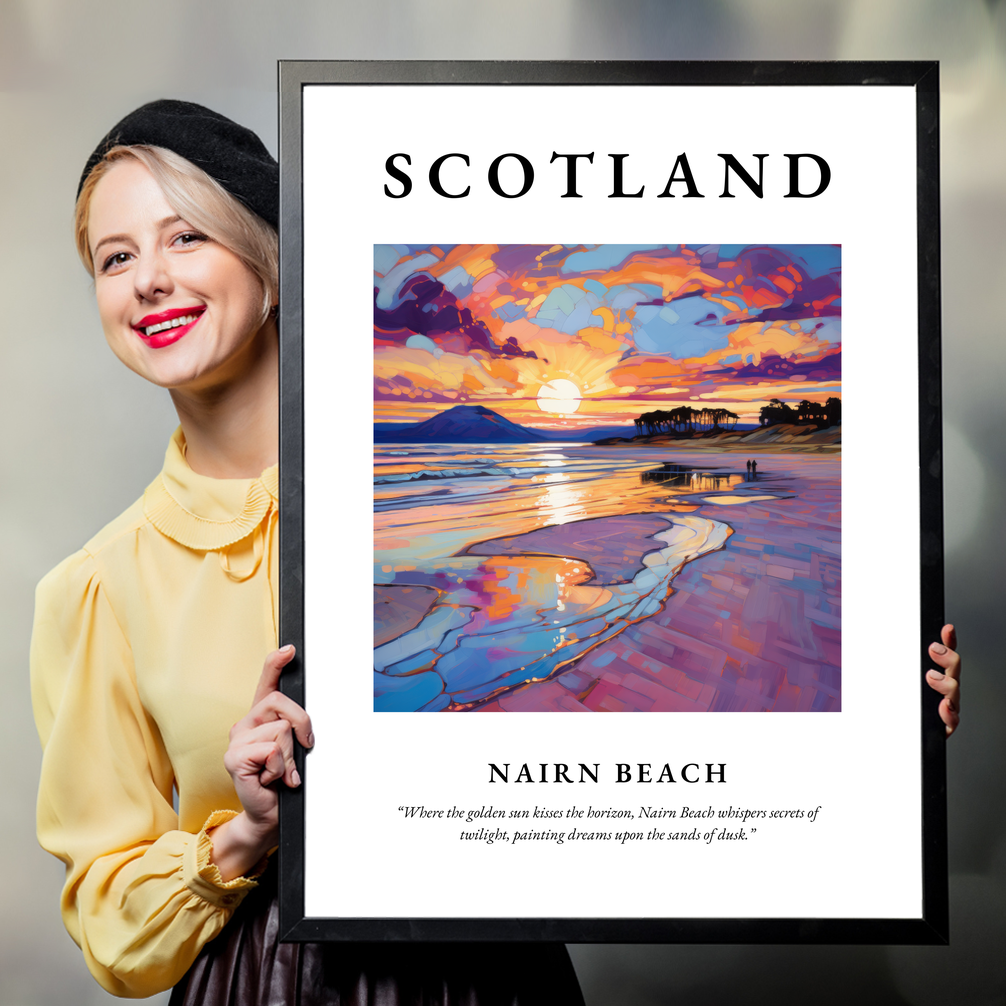 Person holding a poster of Nairn Beach