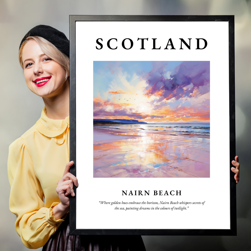 Person holding a poster of Nairn Beach