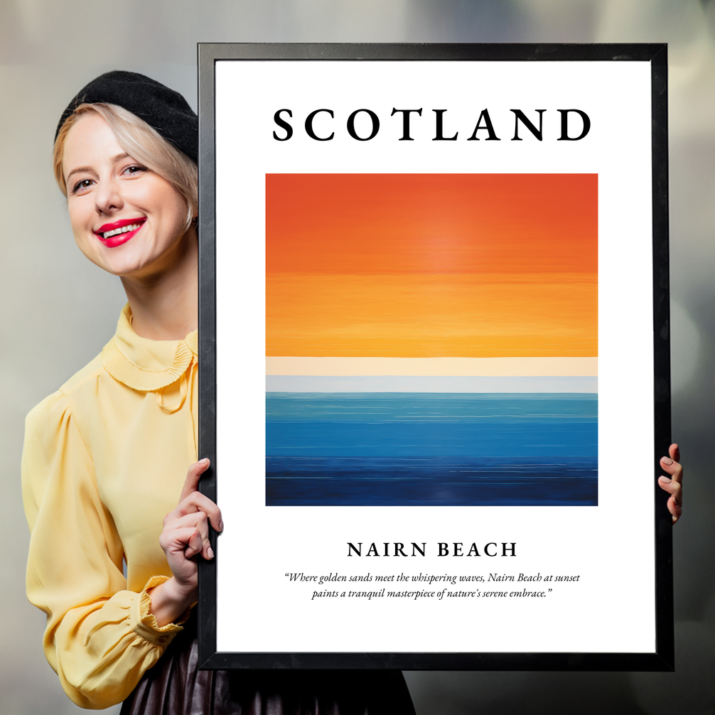 Person holding a poster of Nairn Beach