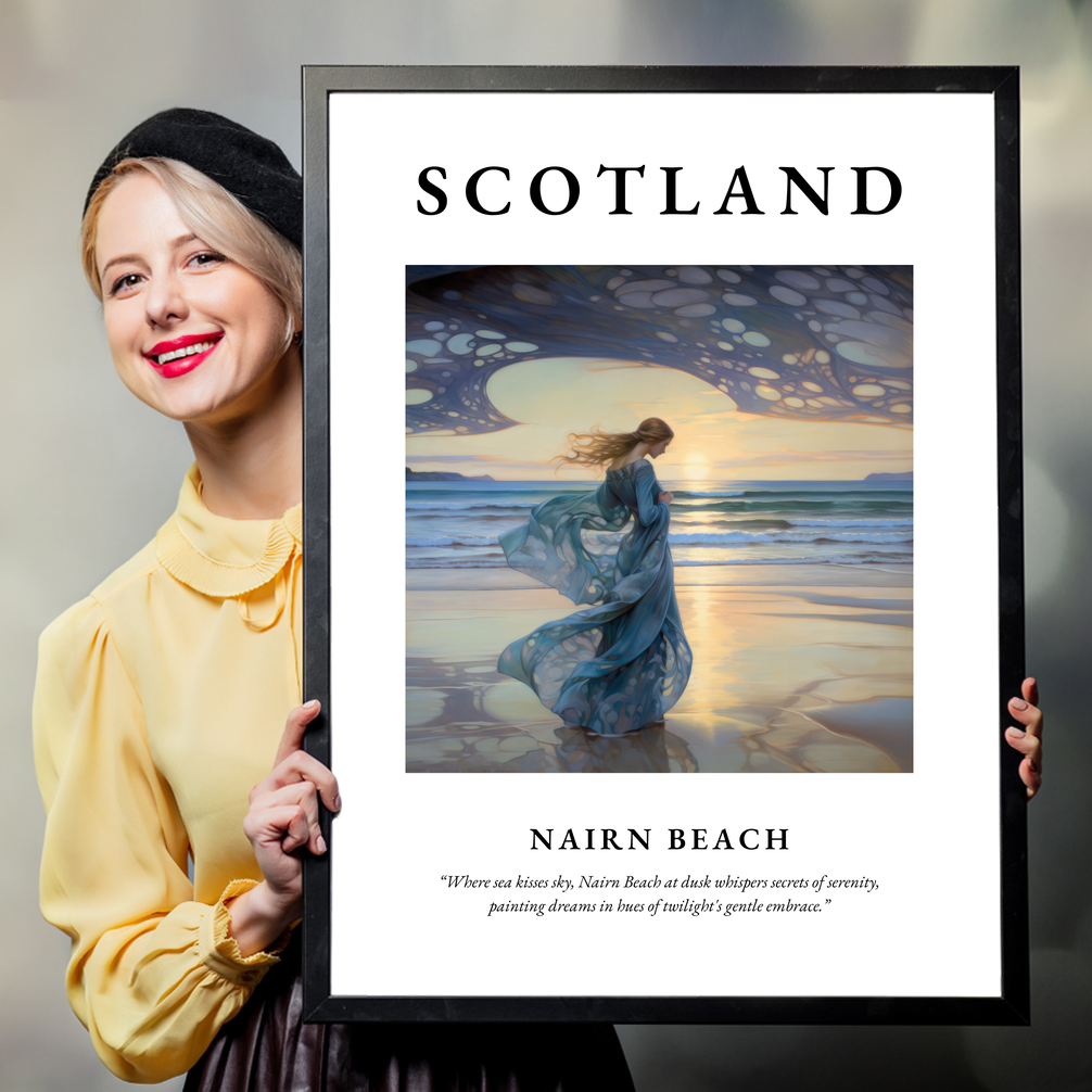 Person holding a poster of Nairn Beach