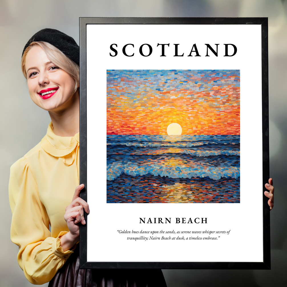 Person holding a poster of Nairn Beach