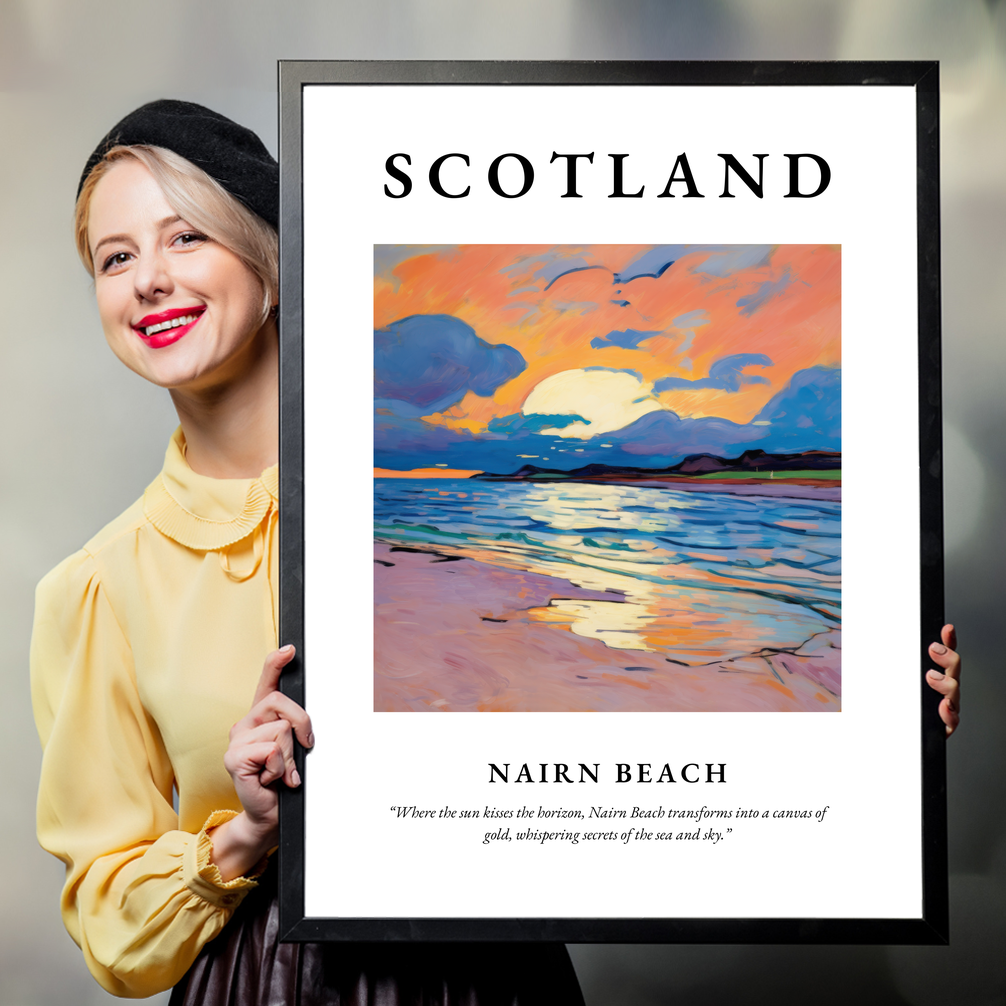 Person holding a poster of Nairn Beach