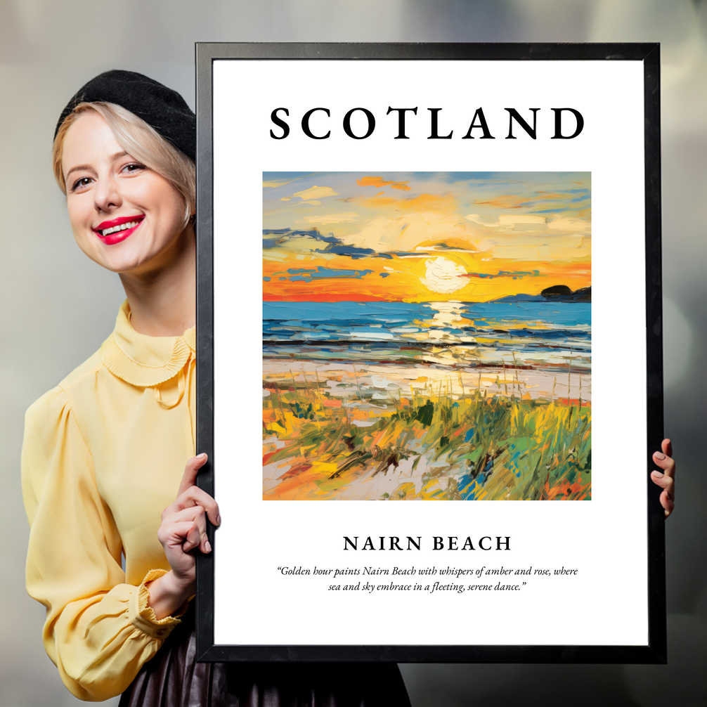 Person holding a poster of Nairn Beach