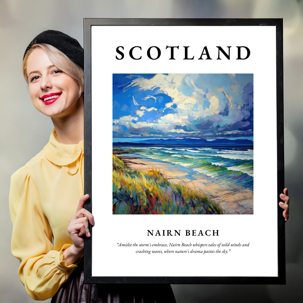 Person holding a poster of Nairn Beach