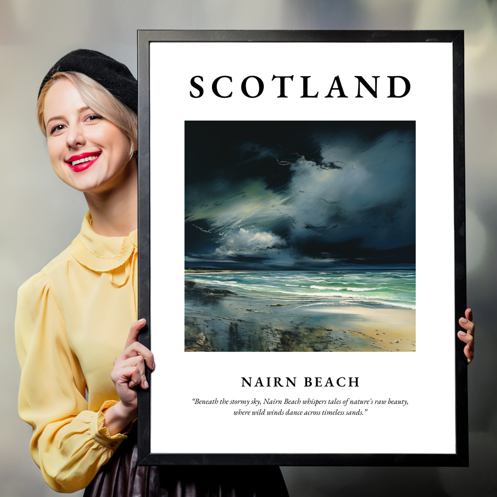 Person holding a poster of Nairn Beach