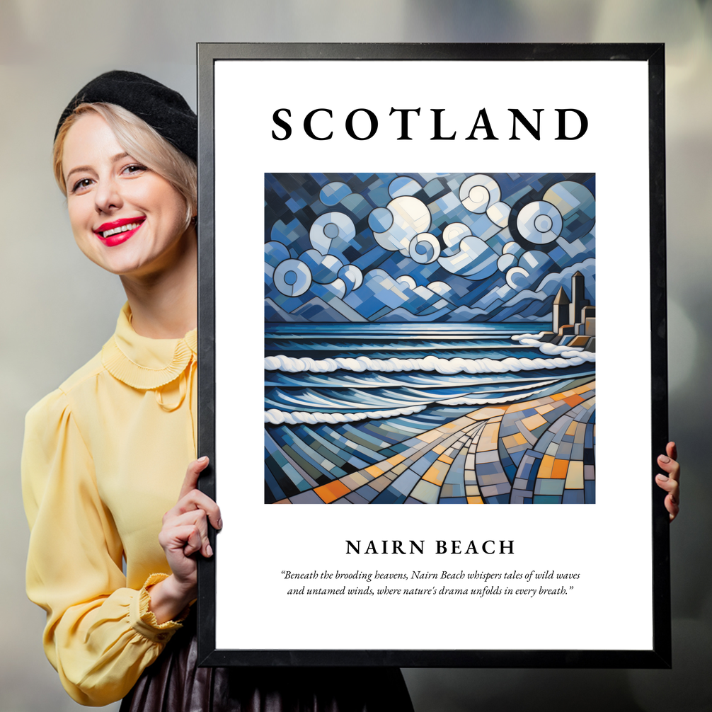 Person holding a poster of Nairn Beach