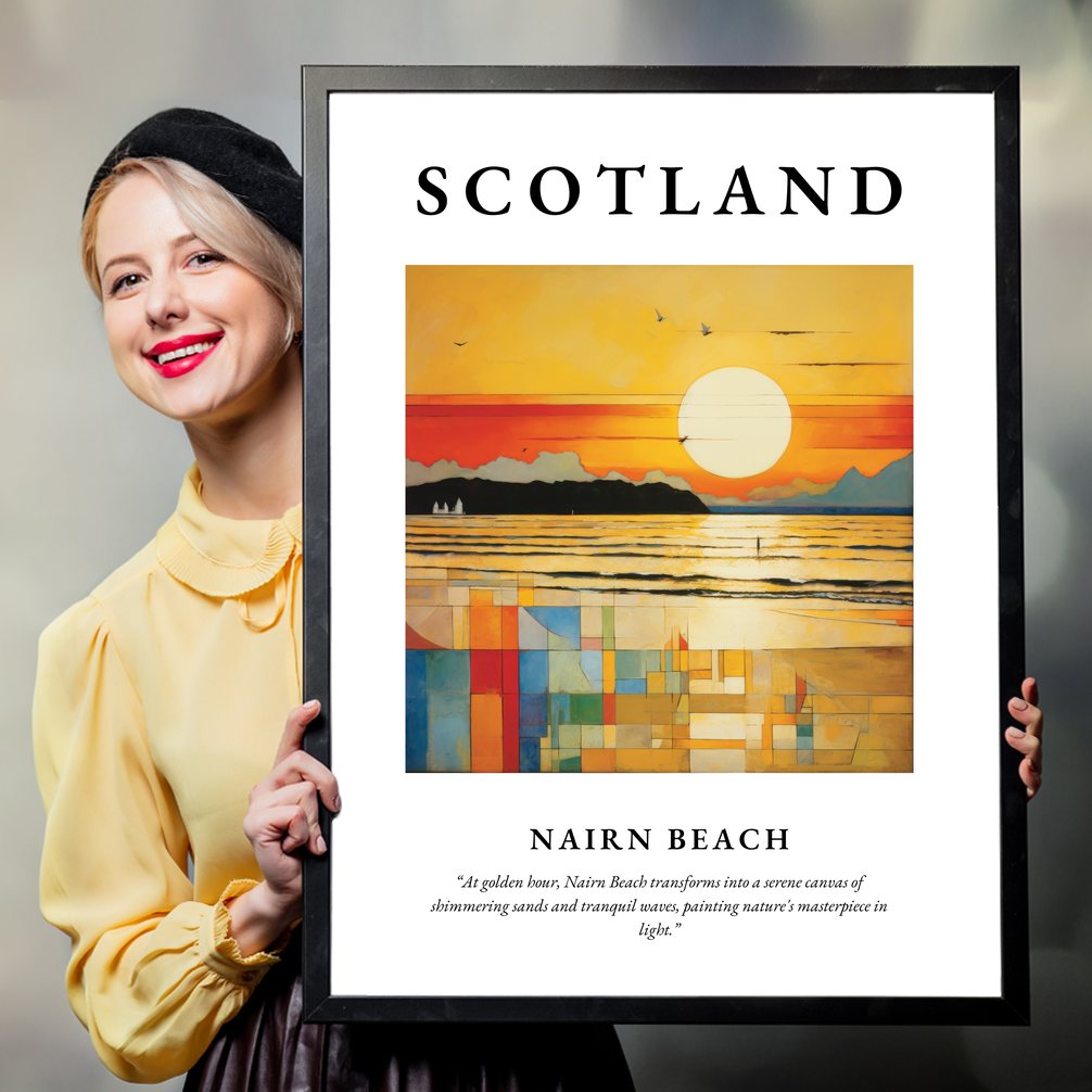 Person holding a poster of Nairn Beach