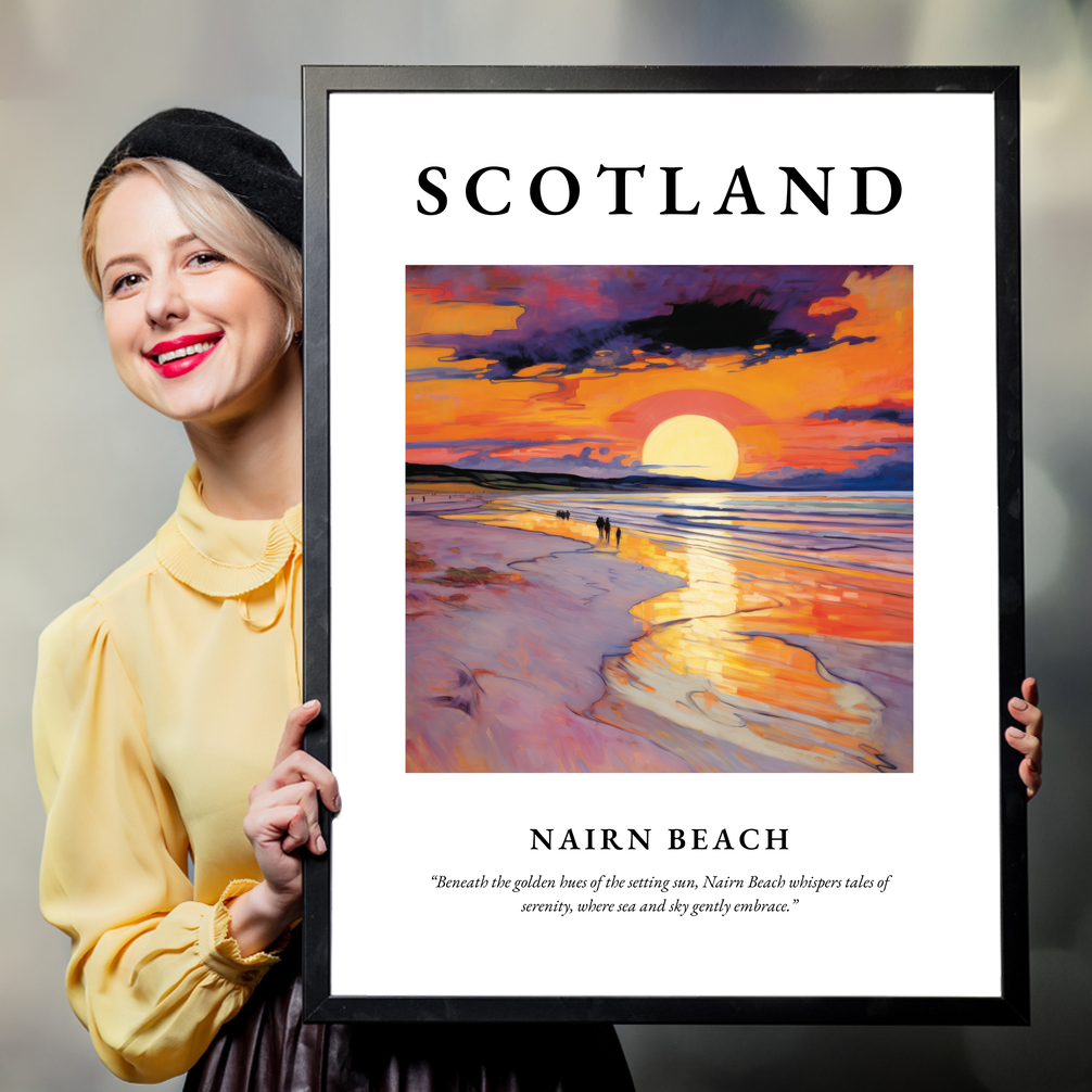 Person holding a poster of Nairn Beach