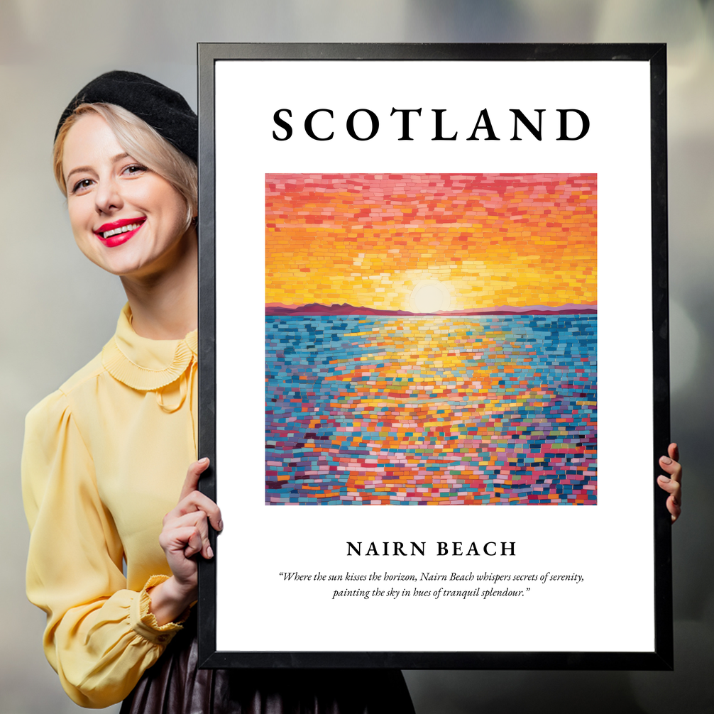 Person holding a poster of Nairn Beach