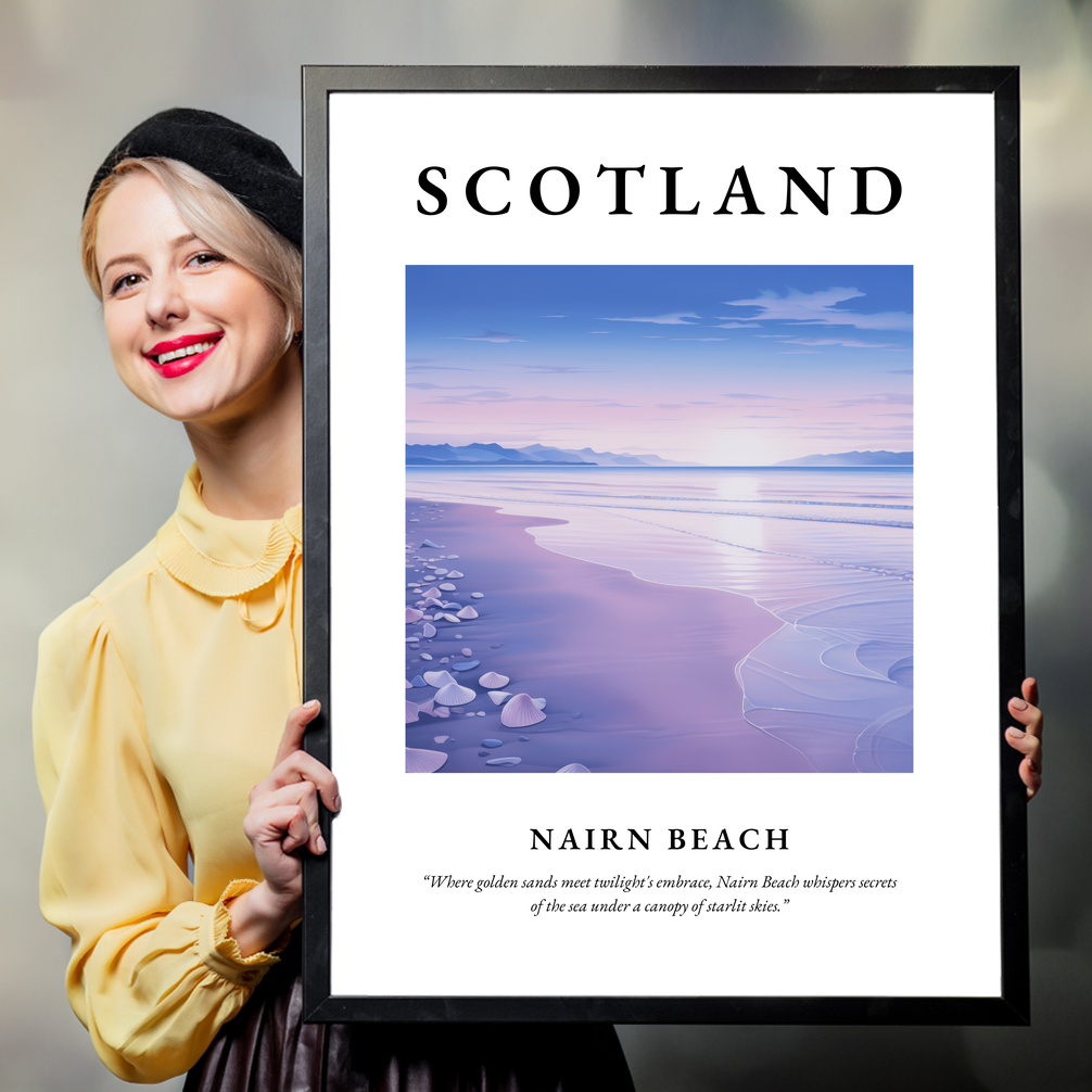 Person holding a poster of Nairn Beach