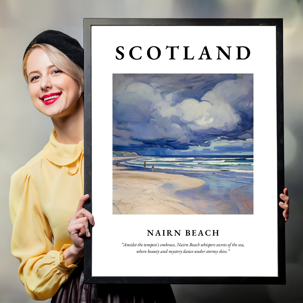 Person holding a poster of Nairn Beach