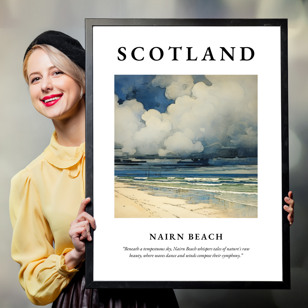 Person holding a poster of Nairn Beach